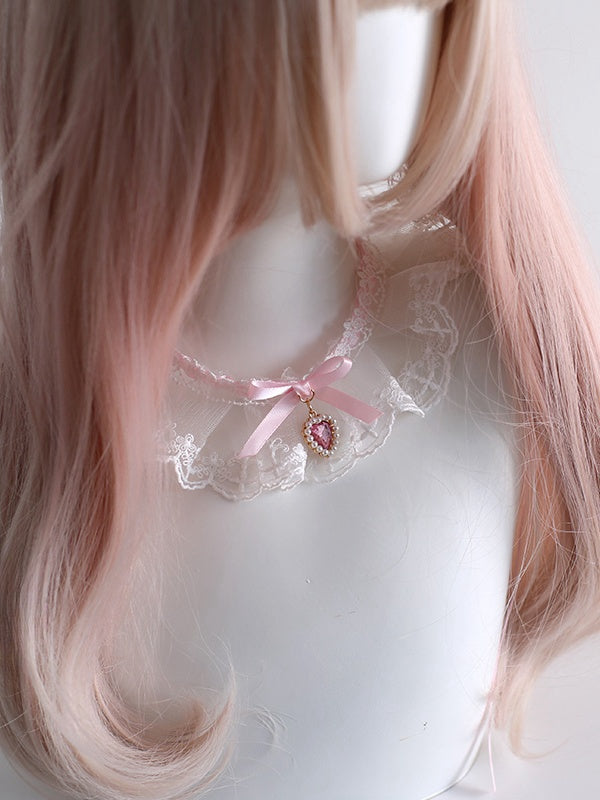 Pink And White Sweet Lolita Lace Bowknot Choker With A Heart-shaped Charm