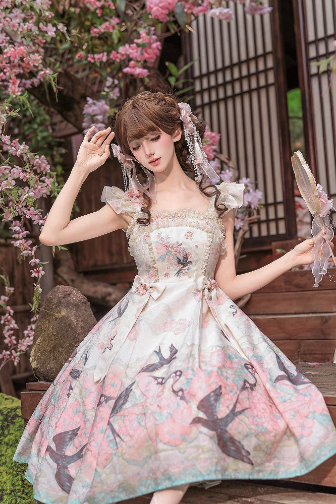 Swallow Kite and Peach Blossom Print Pink Chinoiserie Lolita Dress - Dream Magic Box