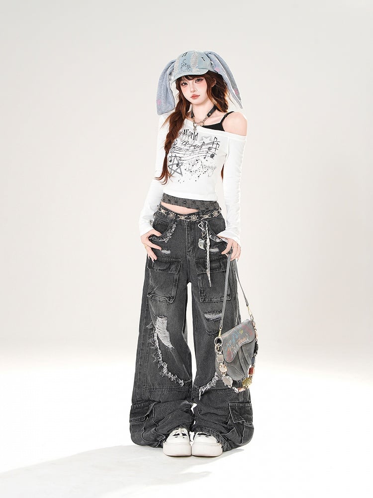 Niedriger Saum, Schwarz/Blaue Leibhöhe, Distressed-Löcher, Raw-Cargohose mit weitem Bein