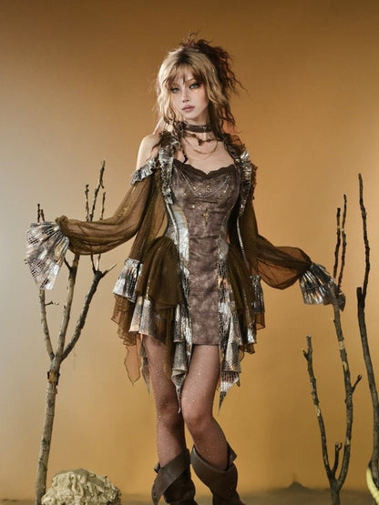 Contrast Pattern Patches Top Hem Lace Asymmetrical Wasteland Brown Cami Punk Snakeskin