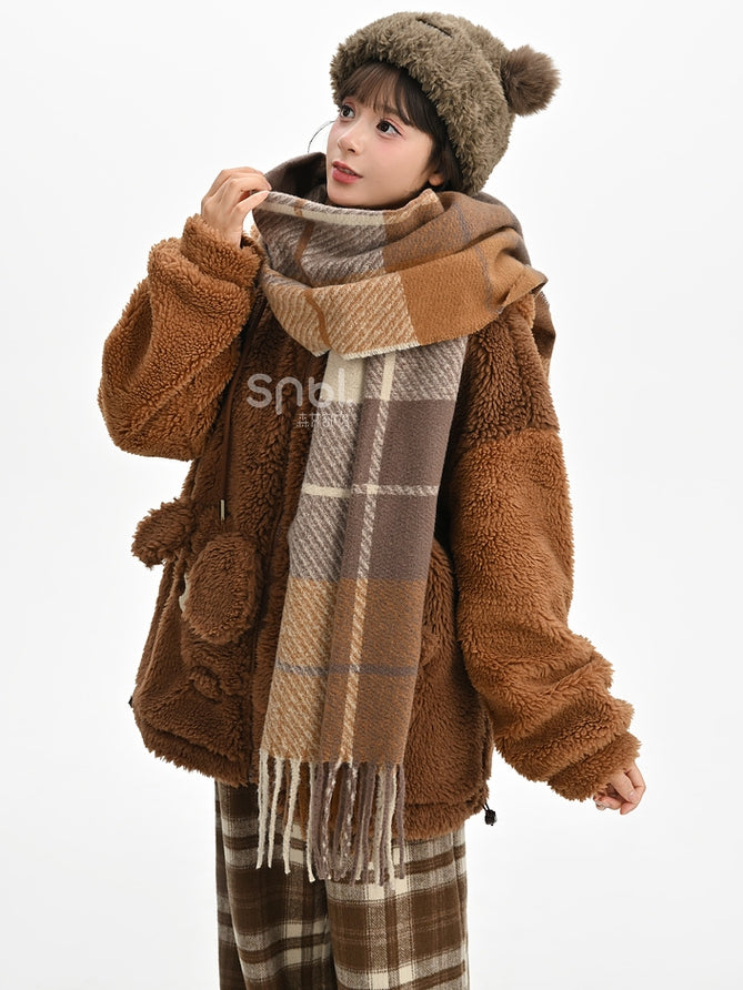 Brauner Fleece-Kapuzenpullover mit süßem Welpen-Taschendesign