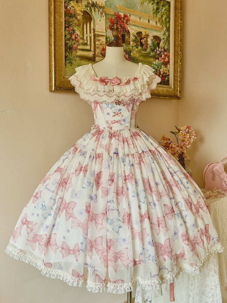Pink Bows and Butterfly Print Lolita Dress Two Ways Wear Neckline