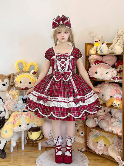 with Lolita Scalloped and Dress Puff Trim Bow Accents Sweet Plaid Edge Sleeves Red