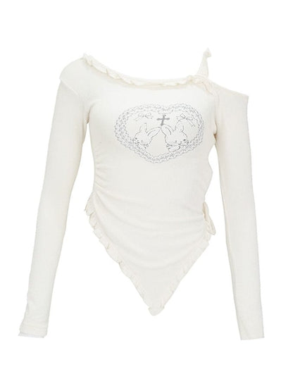 Sleeve Cutout Long Knit Beige Shoulder Top Neckline Asymmetric Backless/Covered-Back with and