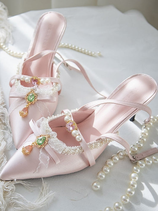 Rosa Slingback-Sandalen mit hohem Absatz und Strasssteinen im Vintage-Stil mit Schleife