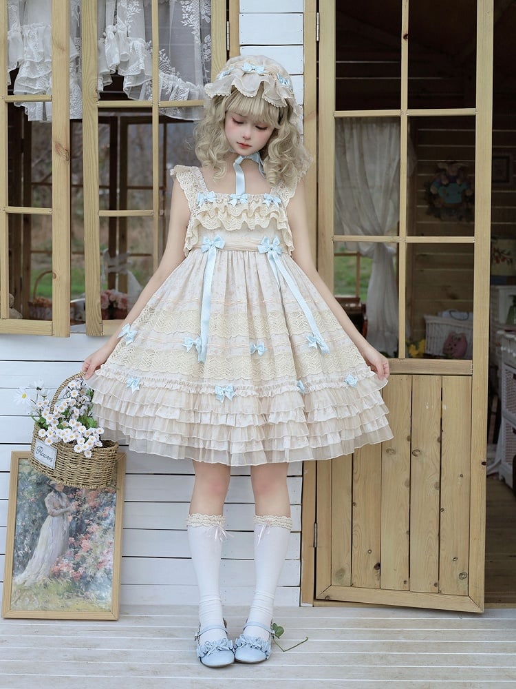 with Layered Dress Blue Accents Sweet Lolita Bow and Ruffles Sleeves Apricot Flutter