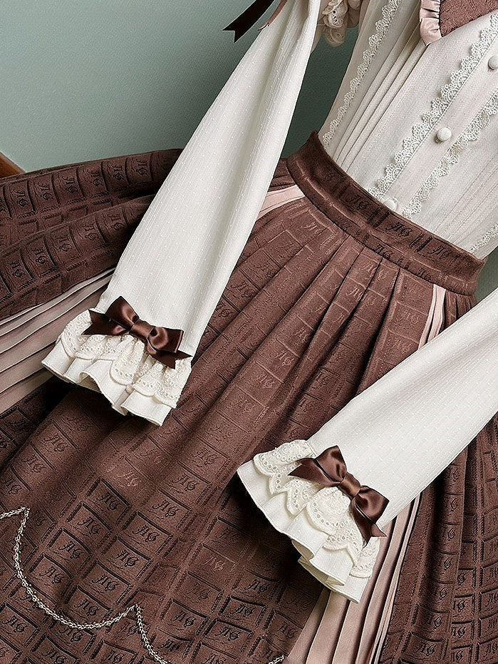 Blouse and Brown Accents Sleeves with Lace Juliette Lolita Beige Bow Trim