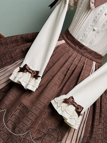 Blouse and Brown Accents Sleeves with Lace Juliette Lolita Beige Bow Trim
