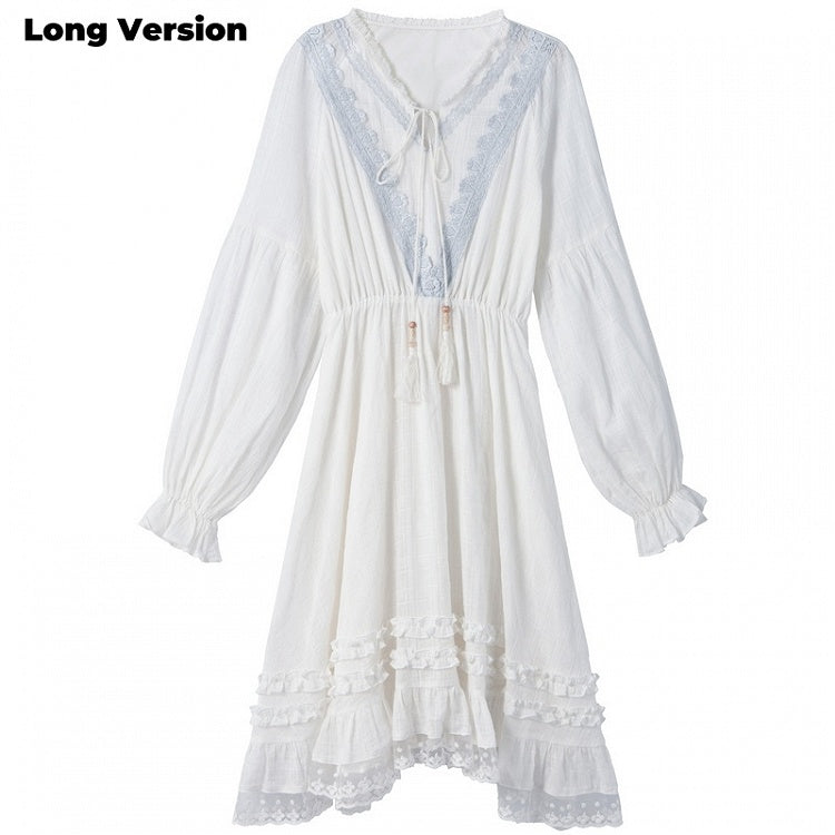 Version White V-Neck Lace Trim Dress with Tassel Drawstring Design Regular/Long