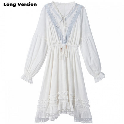 Version White V-Neck Lace Trim Dress with Tassel Drawstring Design Regular/Long