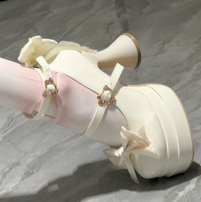 with Platform Heels Accents Bow Sweet Lolita Round-Toe High White