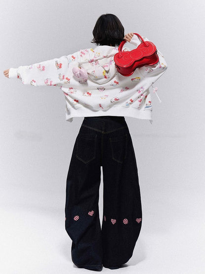 Heart Denim Black with Embroidery Vintage Wide-Leg Trousers Plaid