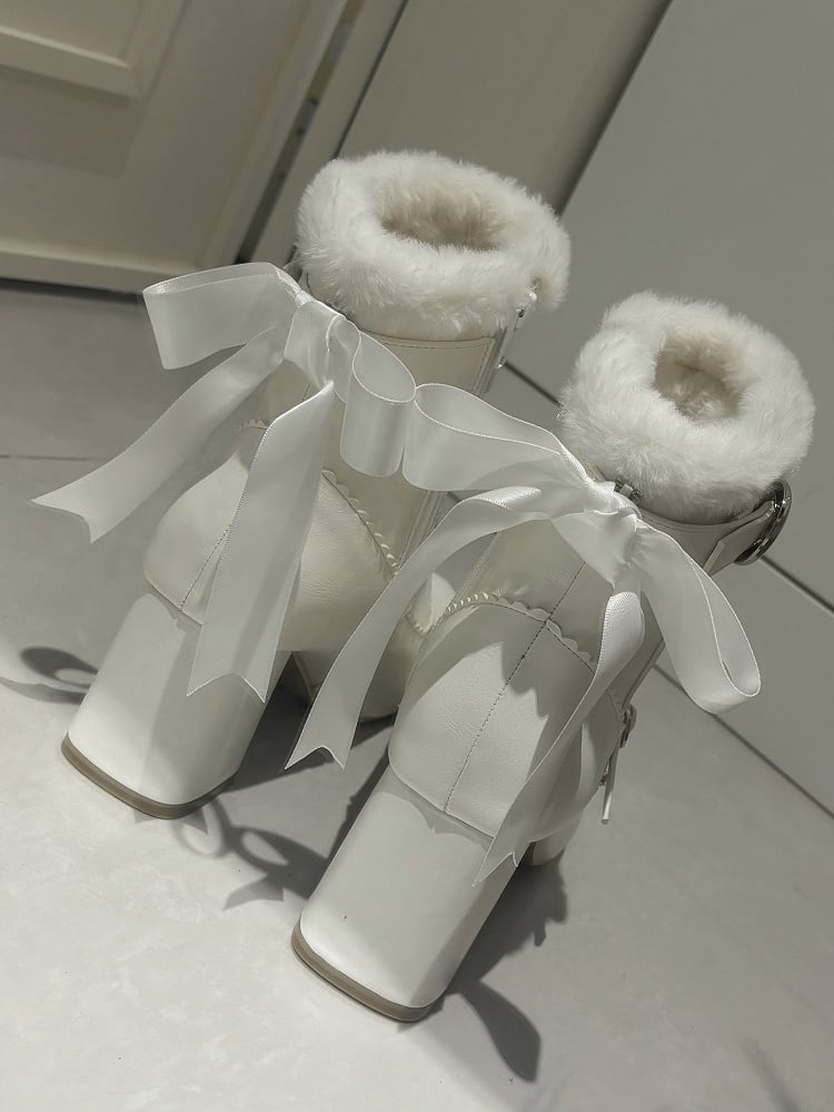 Block Removable Heel - in Bow Elegant PU Boots Interior White Plush High Collar with