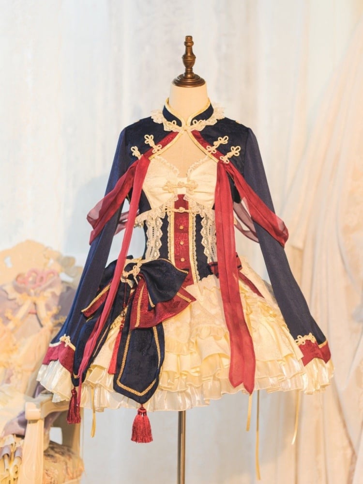 ダークブルーとレッドのドローストリングティアードフリルジャンパースカートセット