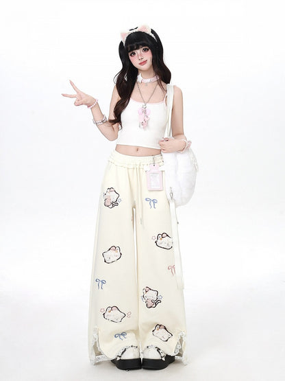 Plush Kitty Embroidery Apricot Straight Leg Pants with Slit & Lace Details - CRAZY GIRL