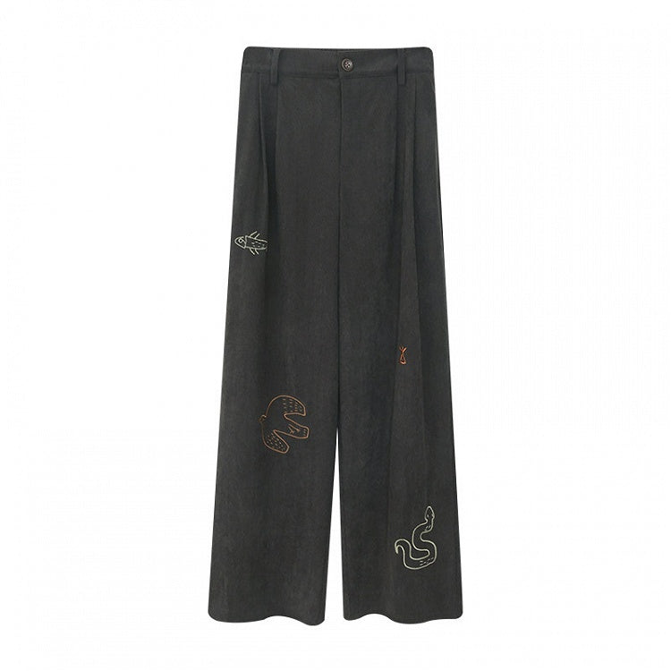Pants Straight-leg Dark Vintage Gray Cut Animal - Embroidery Cute