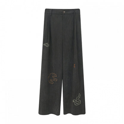 Pants Straight-leg Dark Vintage Gray Cut Animal - Embroidery Cute