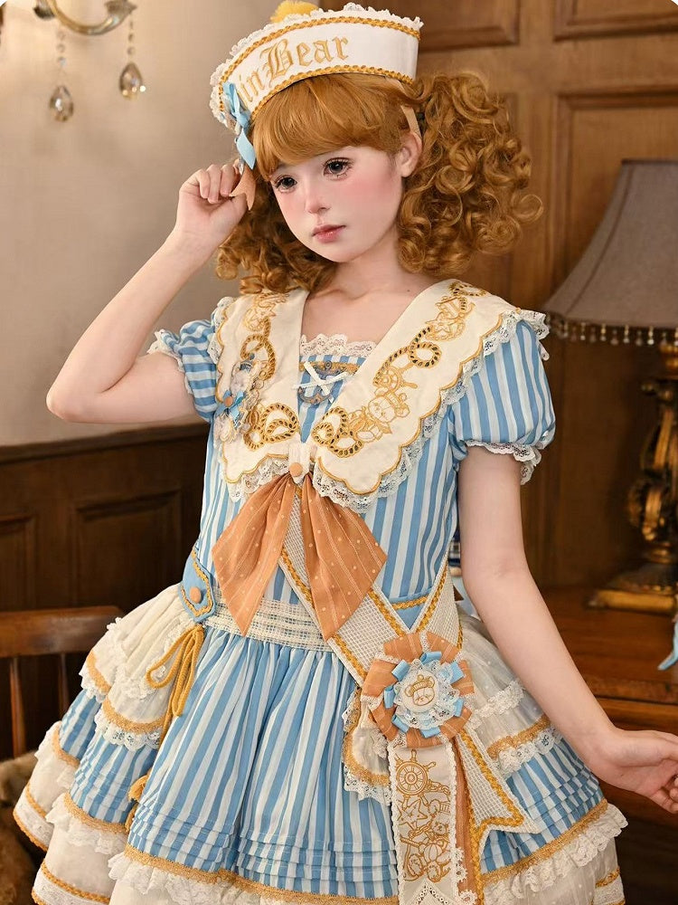 Striped Low Waist Sailor Lolita Dress with Embroidered Collar - Twin Bear Original Design