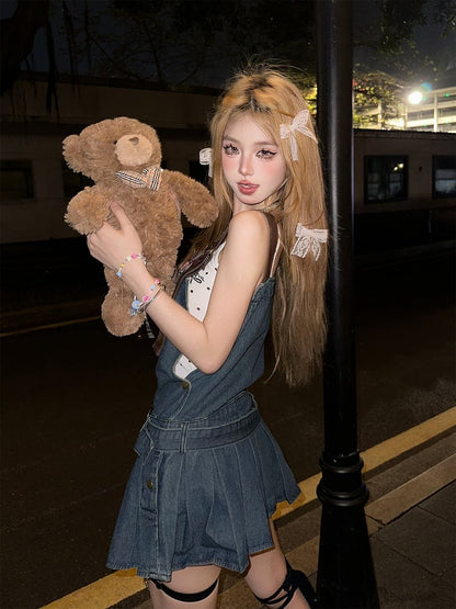 Pleat Skirt Bittersweet Blue Denim Overall Dress Box with Heart-Shaped Buckles