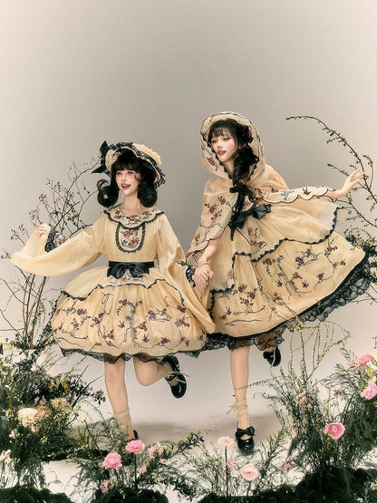Han Lolita Sleeveless Dress with Floral Bird Print and Embroidery - Yimu Walnut