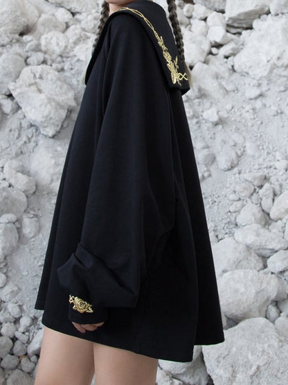 Gold Black Rose and Gothic Sailor Thorn Loose with Collar Embroidery Sweatshirt
