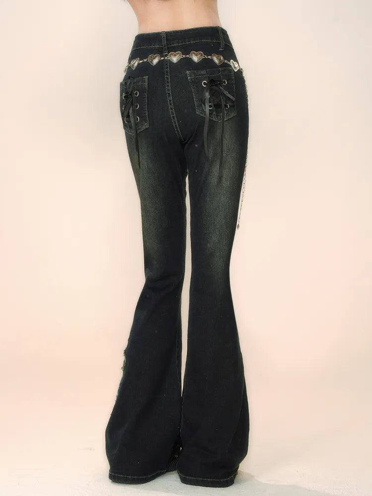 Jeans mit Schnürung und Schleife, schwarz, hinten ausgestellt