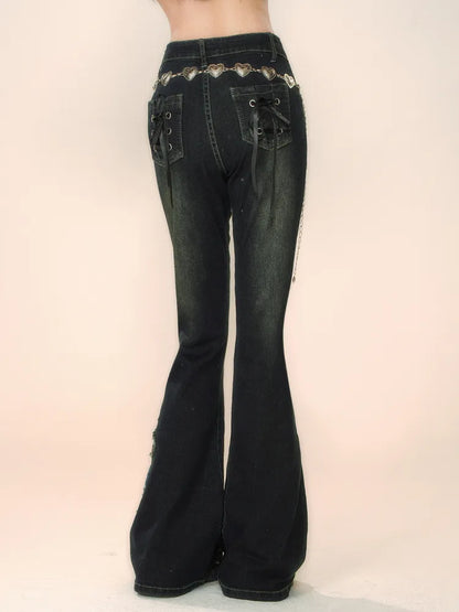 Jeans mit Schnürung und Schleife, schwarz, hinten ausgestellt