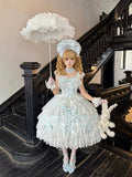 Hanayome-Style Blue Lolita JSK Gown with Lace Trim and Bow, Full Set with Back Bow - White Sugar Girl