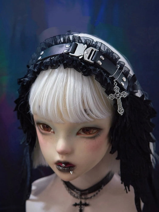 Black Hairband Wing with Style Leather Buckle Alternative in Angel Dark Metal