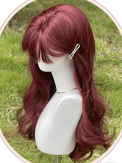 Rosenrote lange gewellte Kunsthaarperücke mit Pony