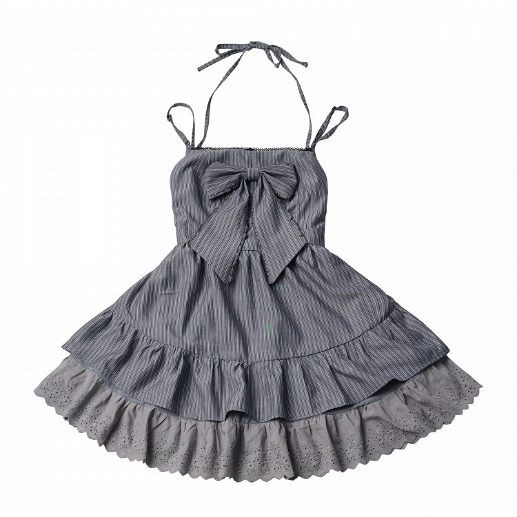 Graphite Halterneck Slip Dress with Lace Details and Ribbon Bow - PINK SAVIOR