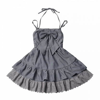 Graphite Halterneck Slip Dress with Lace Details and Ribbon Bow - PINK SAVIOR
