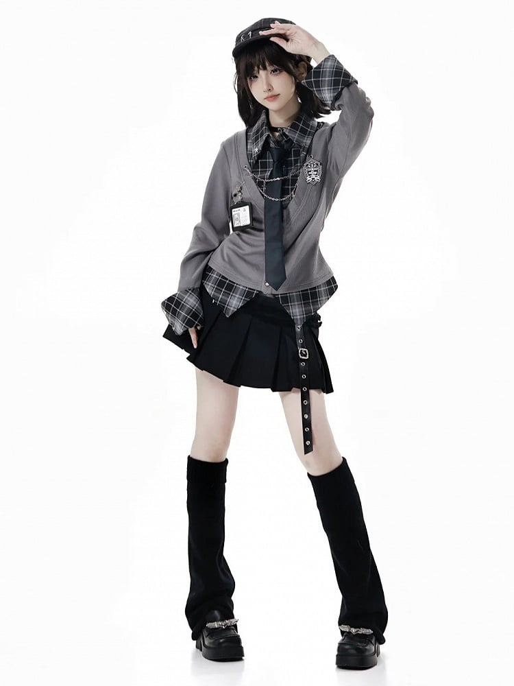 Academic Edgy Shirt Vibes Plaid Two-Piece Effortless Faux Gray –
