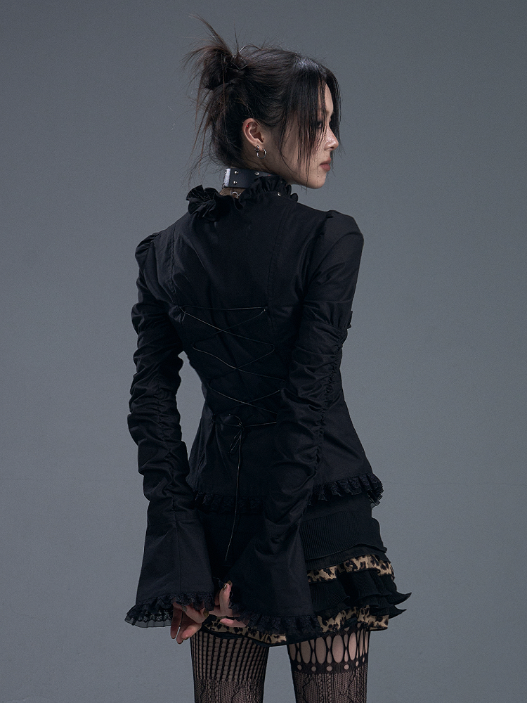 Schwarzes Gothic-Vintage-Top mit Spitzenbesatz und Reißverschluss