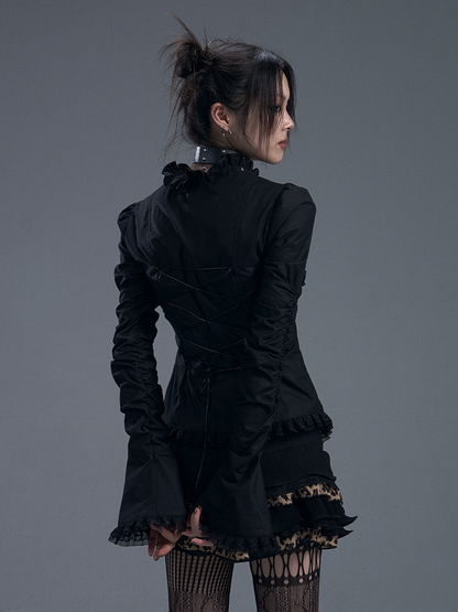 Schwarzes Gothic-Vintage-Top mit Spitzenbesatz und Reißverschluss