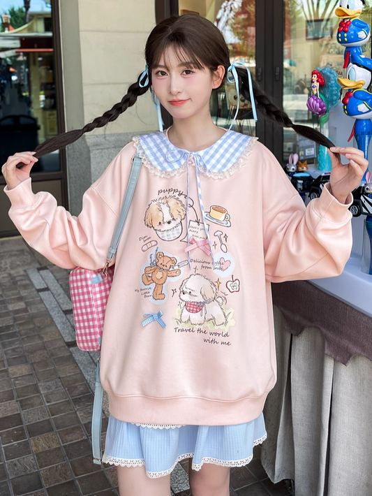 Adorable Cartoon Puppy Print Pink Round Loose Neck Sweatshirt