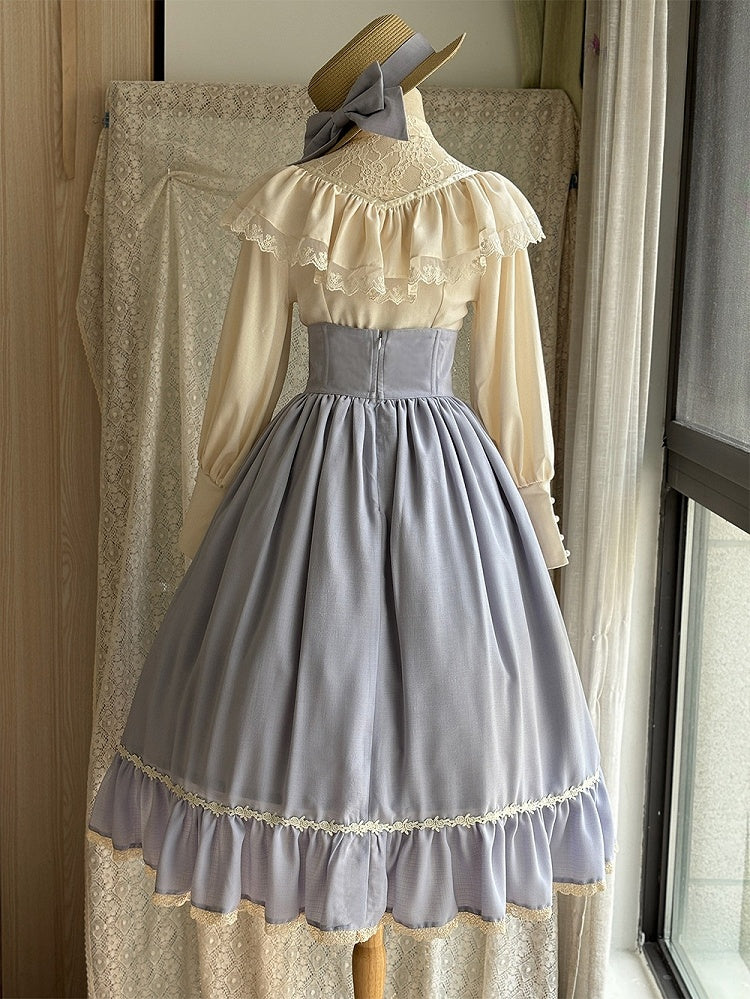 Light Gray Boned High Waist Elegant Classic Lolita Skirt with Lace Trim
