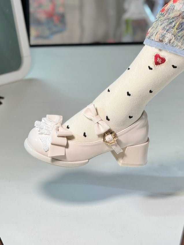 Lolita Low/Mid Heels Beige Lace with Sweet Bow Accents Trim