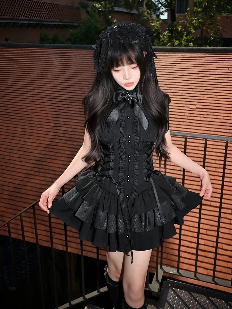 Gothic Layered Ruffle Lolita Dress in Black with Stand Collar & Cinched Waist, Short Sleeve - muggle studio