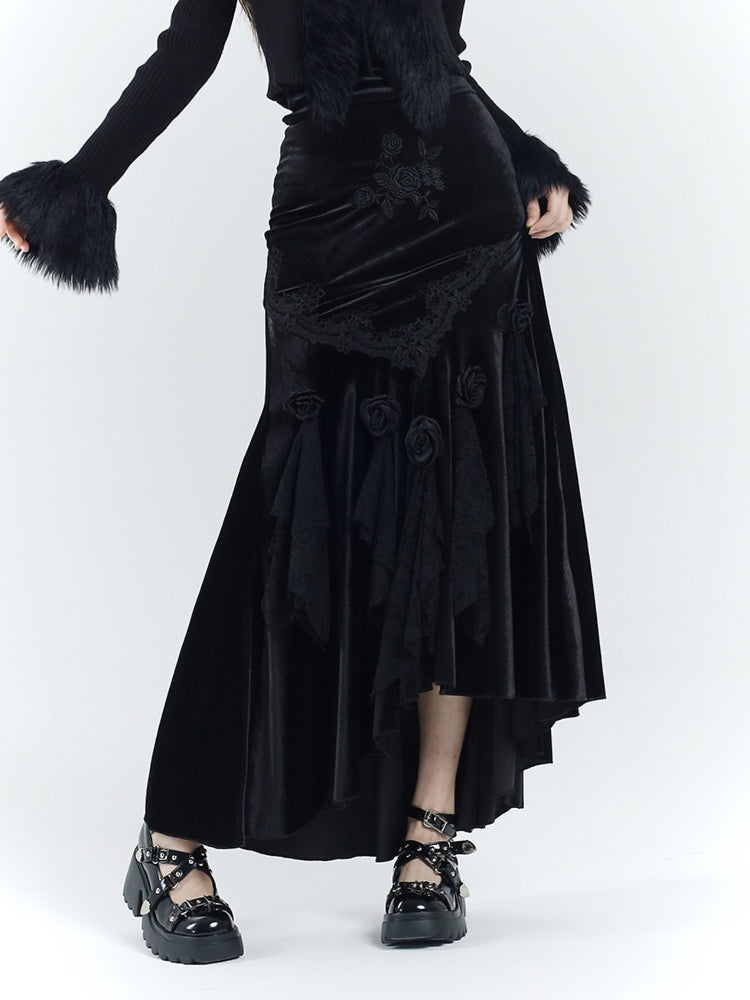 ゴシックブラックベルベットロゼットレーストリムハイローマーメイドスカート