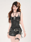 Gürtel Schwarz Distressed Holes mit Schnalle Denim Neckholder-Jumpsuit