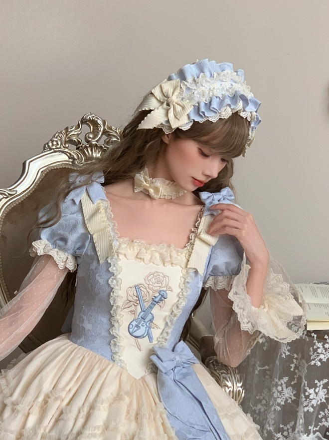 Hairband Beige Ruffled with Lolita Blue Bow Elegant Accents