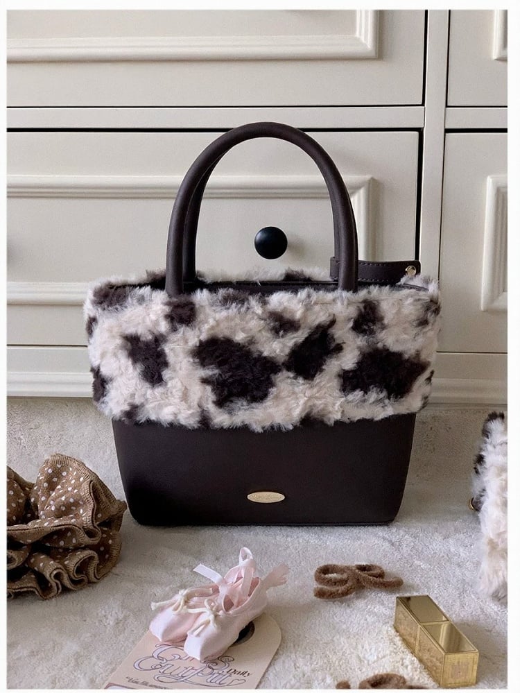 Brown Cow Print Shoulder Bag with Fluffy Crossbody Strap - Lalacita