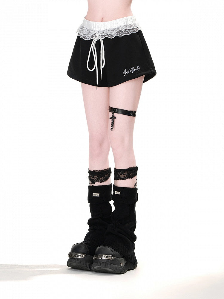 Shorts mit Kordelzug, Mini-Taillenbesatz, Spitze, lässig, weites Bein, Schwarz