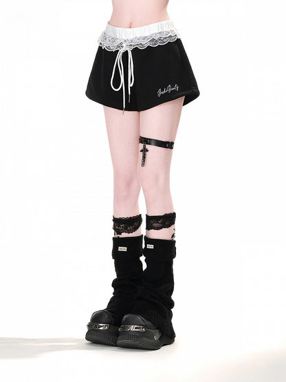 Shorts mit Kordelzug, Mini-Taillenbesatz, Spitze, lässig, weites Bein, Schwarz