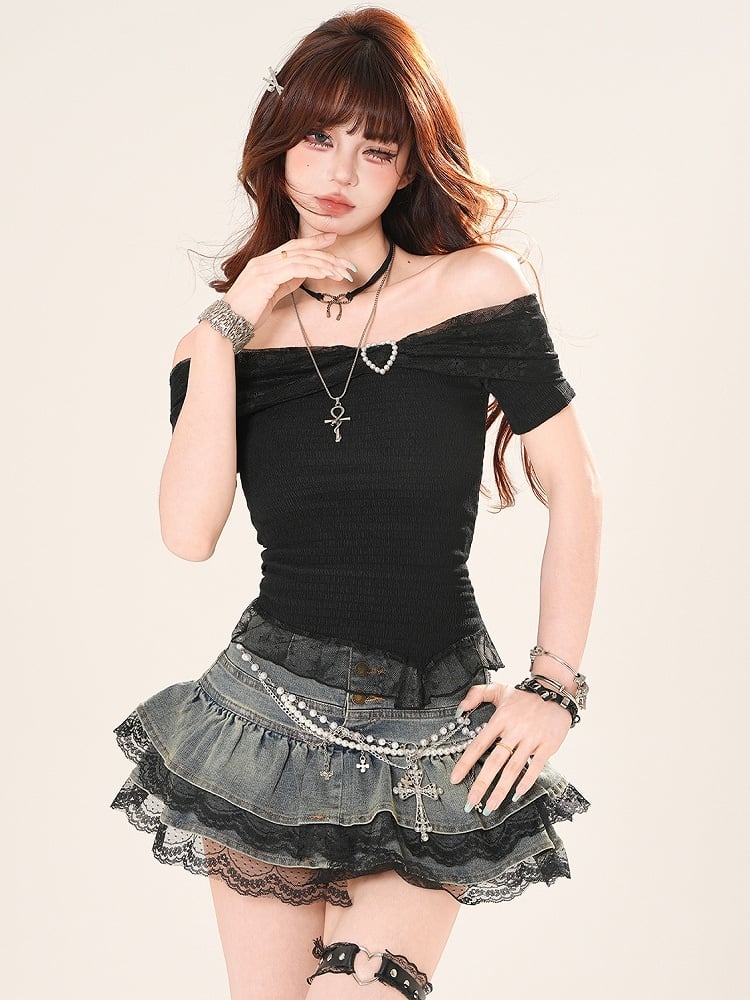 Glamorous Skirt Tiered Denim Trim Bittersweet Lace Black