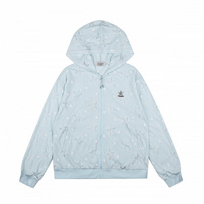 Breathable Blue Hooded Star Print Jacket - Languid Park