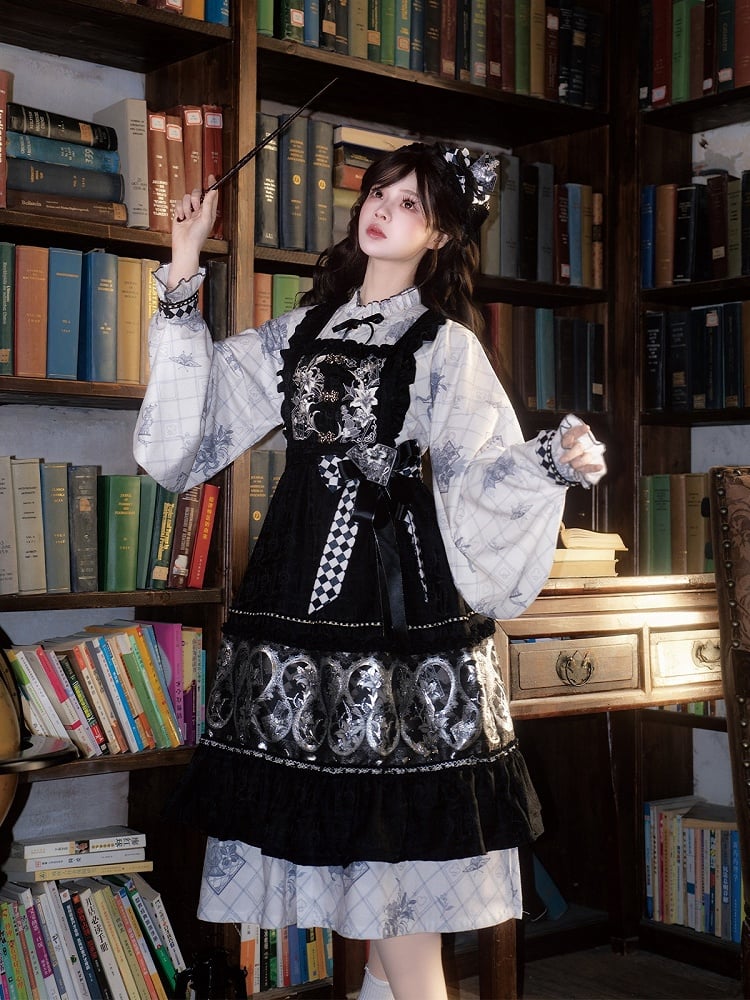 White Chess Theme Print Long Sleeve Dress Checkered Detail - Luo Xiu Dong Xiang