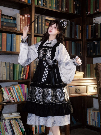 White Chess Theme Print Long Sleeve Dress Checkered Detail - Luo Xiu Dong Xiang