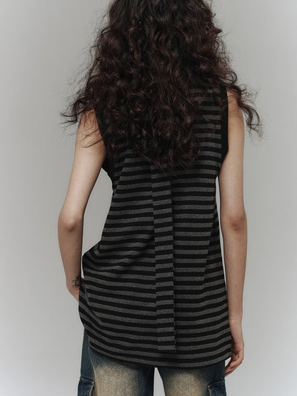 Punk Placket Gray Safety Partial Pin Black Button Top Tank Striped with Star